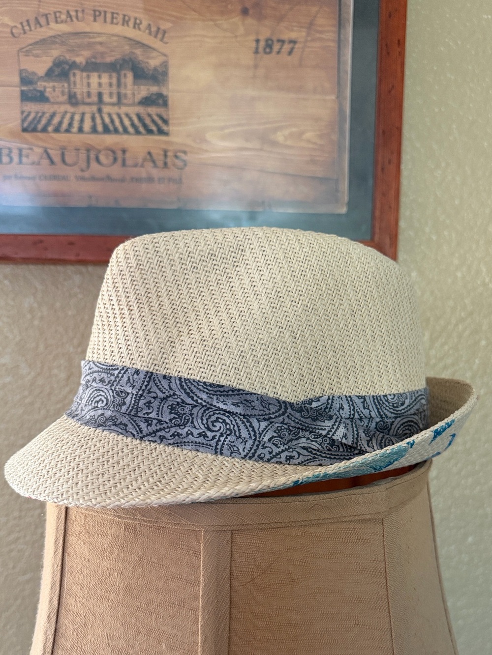Cremieux Fedora with Paisley Band - Cream and Gray with floral detail under rim.
